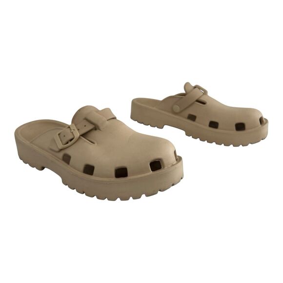 Free People Karlie Clogs Size 10 Sand Dune Rubber Buckle Chunky Platform Mules - Picture 1 of 8